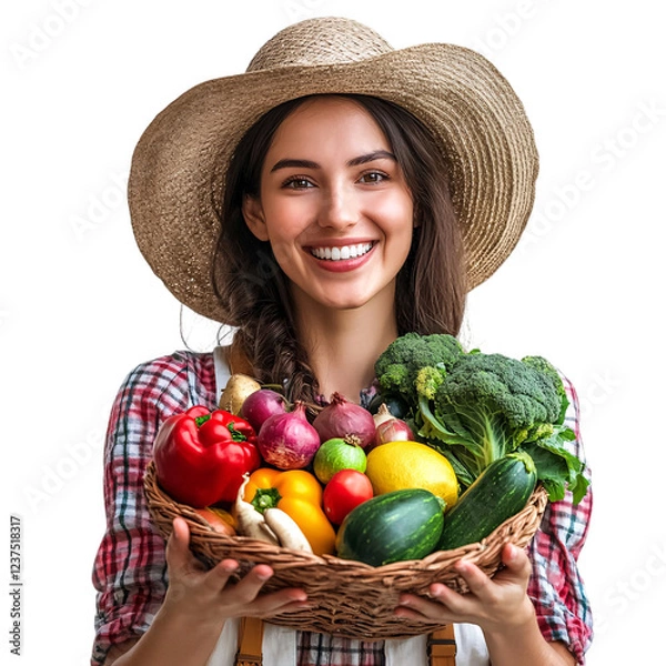 Fototapeta Woman with basket of vegetables isolated on transparent background