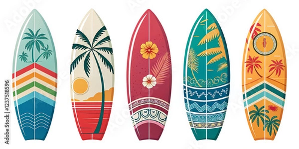 Fototapeta Stylish Collection of Colorful Surfboards Isolated on a Bright Background for Surf Culture