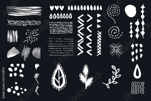 Fototapeta A set of elements and textures made with ink. Circles, stripes, triangle, heart, wave, drop, leaf, spiral, ornament. Hand drawn. Collection for your design.