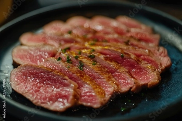 Fototapeta Slices of seared meat garnished with herbs