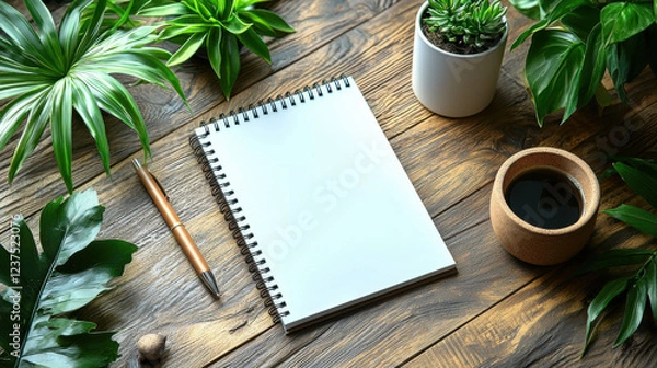 Fototapeta serene flat lay of office stationery with blank notebook, plants, and coffee