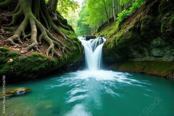 Obraz Emerald water cascades over mossy rocks, revealing ancient tree roots, rock, forest