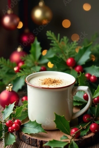 Fototapeta Festive Christmas Eggnog in a mug surrounded by garlands of holly and mistletoe with ornaments on the wall behind, warm glow, christmas decoration