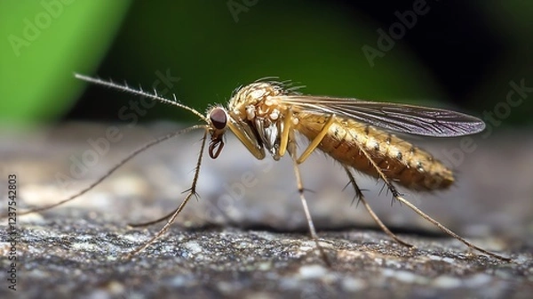 Fototapeta Golden Mosquito on Stone Surface with Extended Proboscis in Natural Setting : Generative AI