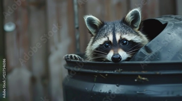 Fototapeta Curious Raccoon Looking Out of Trash Can
