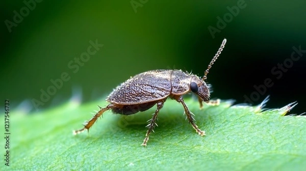 Fototapeta Macro Image of a Tiny Brown Beetle on a Green Leaf in Natural Setting : Generative AI