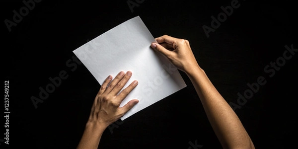 Fototapeta Hands Grasping a Sheet of White Paper Isolated on a White Background, Indicating Preparedness for Communication