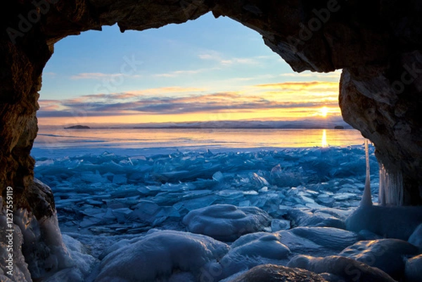 Fototapeta View of frozen Lake Baikal at dawn from the grotto