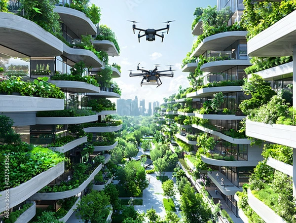 Fototapeta Drones survey green vertical city