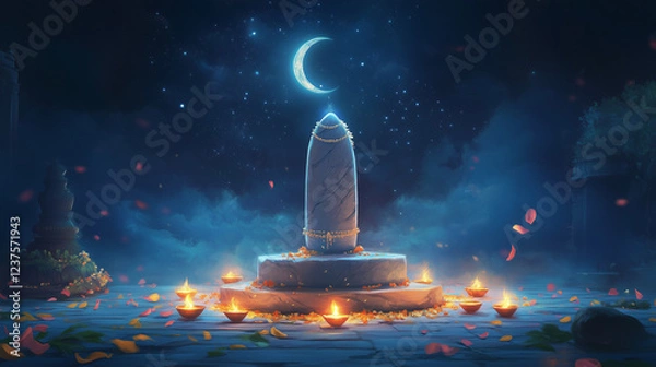 Fototapeta Maha Shivaratri, Shiva Lingam is placed on a marble pedestal, surrounded by lit diyas, fresh Bilva leaves and scattered flower petals.