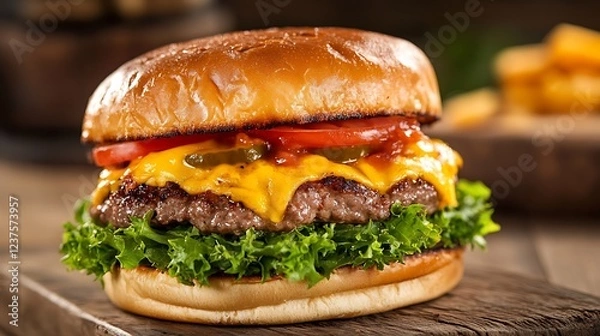 Fototapeta Juicy Cheeseburger with Lettuce and Tomato Served on Wooden Board : Generative AI