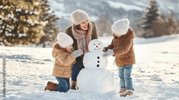 Fototapeta Mother and two children building a snowman in a winter landscape