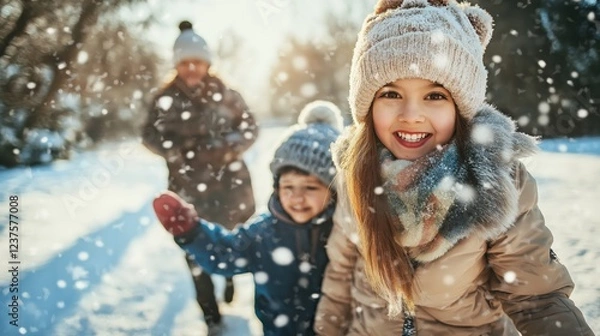 Fototapeta Happy family mother and children having fun on winter walk with snow falling