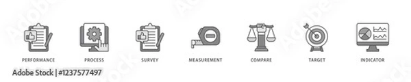 Fototapeta Benchmarking icon set flow process which consists of performance, process, survey, measurement, compare, target, and indicator icon live stroke and easy to edit .