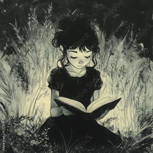 Fototapeta Serene girl reading book in lush greenery, captured in monochrome