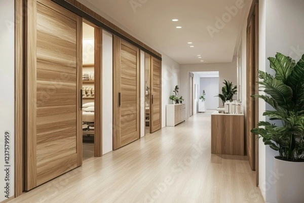 Fototapeta Sleek sterile corridor in a modern surgical facility with sliding doors 3D rendering