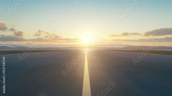 Fototapeta Panoramic view of airport runway, asphalt road and sunset sky