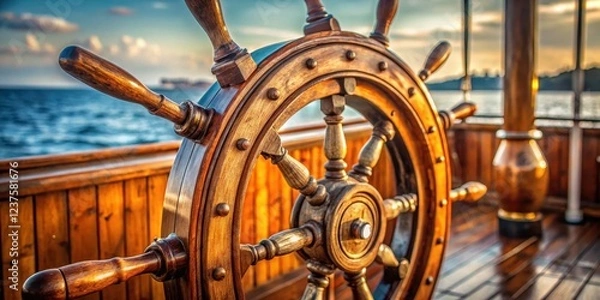 Fototapeta Navigation instruments on a wooden ship's wheel, ocean, steering,  ocean, steering,navigation