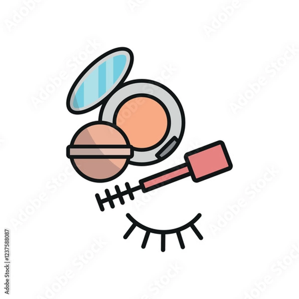 Fototapeta Powder puff and mascara set beauty salon icon in flat style, featuring a soft powder puff and an open mascara tube with a brush, perfect for makeup and beauty themes.