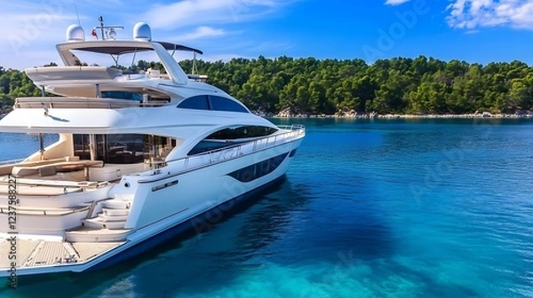 Fototapeta Luxurious White Yacht Anchored in Clear Blue Waters Under a Clear Sky : Generative AI