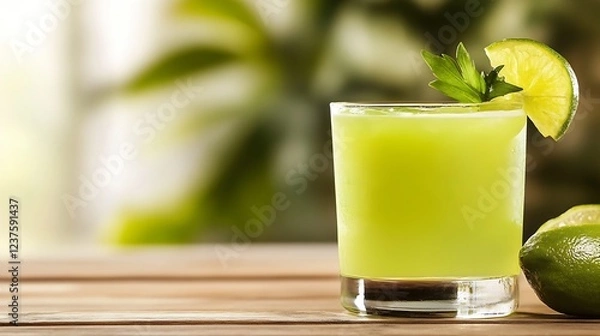 Fototapeta Refreshing glass of lime juice on wooden table with fresh limes in sunny outdoor setting : Generative AI