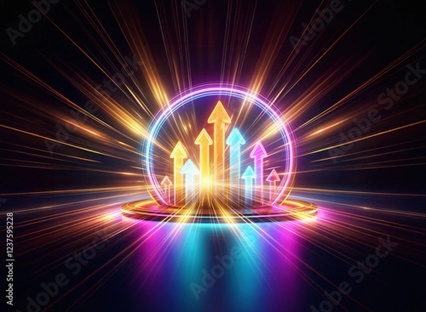 Fototapeta A vibrant double exposure image showcases glowing arrows ascending within a radiant circular frame, set on a luminous platform, radiating energy and signifying growth and progress.