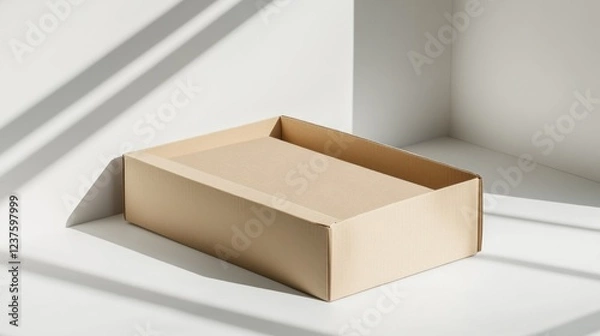 Fototapeta Empty cardboard box in sunlight, minimalist setting, product display