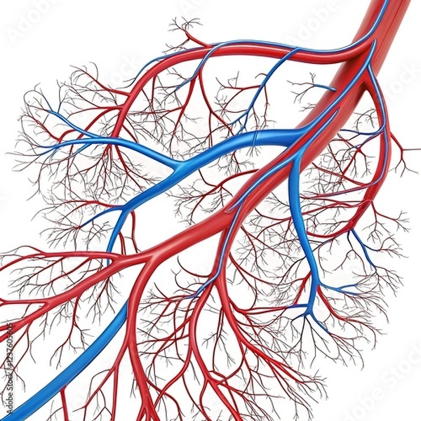 Fototapeta A detailed view of interconnected blood vessels branching out in a vibrant red and blue network 