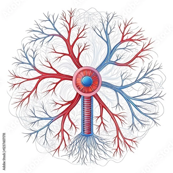 Fototapeta  A pulsating mechanism with intricate branching conduits glowing with red and blue fluids