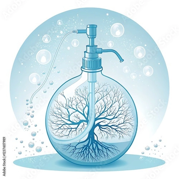 Fototapeta A translucent pump surrounded by branching networks glowing softly with liquid movement 