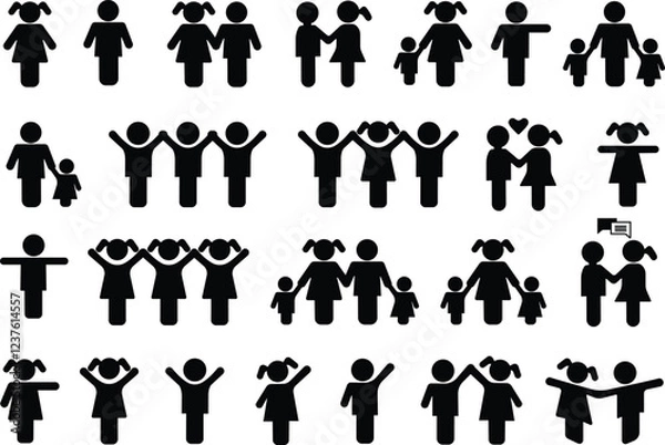 Fototapeta Kids or children icon in flat set. Boy and girl symbols two children simple shadow isolated on transparent background vector for apps or web Happy little children play with one another