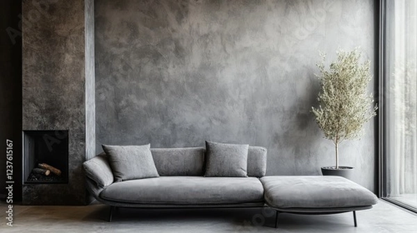 Obraz A Cozy Living Room With A Grey Sectional Sofa, A Fireplace, And A Small Olive Tree Against A Textured Grey Wall. The Atmosphere Is Calm And Modern.