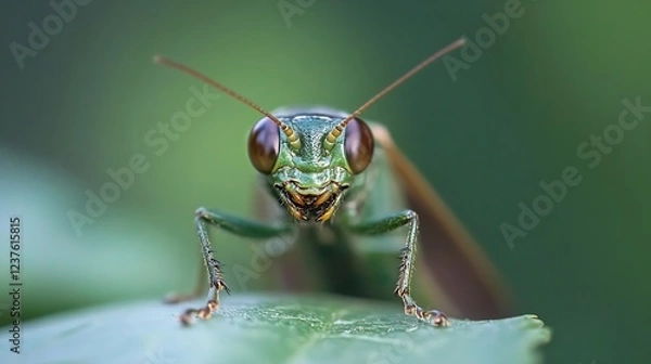 Fototapeta CloseUp of Praying Mantis on Leaf Showing Intricate Details in Natural Green Environment : Generative AI
