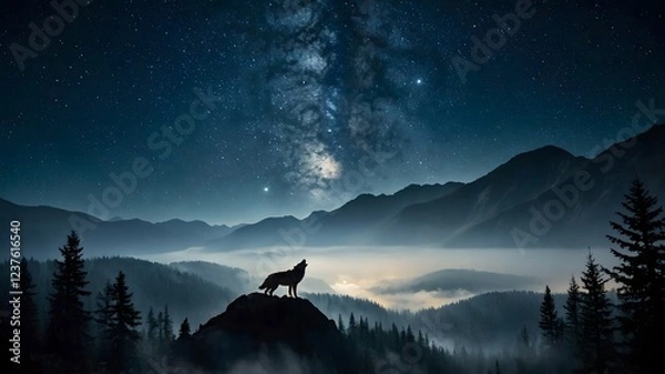 Fototapeta Echoes in the Night: Cascade Mountain Wolf Howling Under the Moonlight
