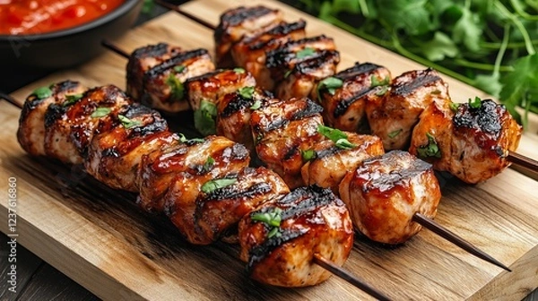 Obraz Grilled Chicken Skewers, Glistening With A Delicious Glaze, Are Artfully Arranged On A Rustic Wooden Board, Garnished With Fresh Herbs.  The Vibrant Colors And Textures Are Mouthwatering.