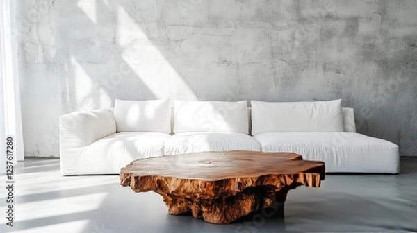 Obraz A Minimalist Living Room With A White Couch And A Unique Wooden Coffee Table. Sunlight Streams Through A Window, Creating Shadows On The Textured Wall.