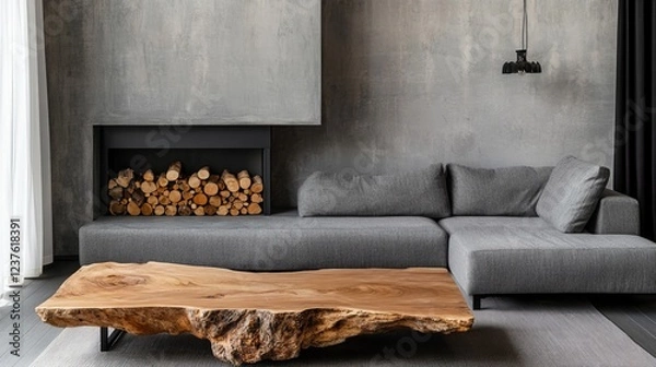 Obraz A Modern Living Room With A Grey Sectional Sofa, A Rustic Wood Coffee Table, And A Fireplace With Stacked Firewood. The Overall Vibe Is Sleek And Minimalist.
