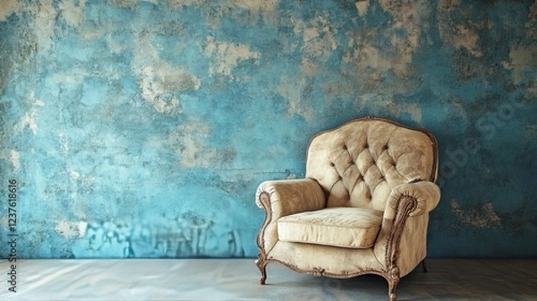 Obraz A Vintage Armchair Sits Against A Teal, Textured Wall. The Scene Is Peaceful And Nostalgic, Evoking A Sense Of Calm And Quiet Elegance.