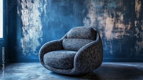 Obraz A Comfy-Looking, Dark-Blue Armchair Sits In A Room With A Textured, Blue Wall. The Lighting Is Moody And The Overall Vibe Is Serene And Stylish.