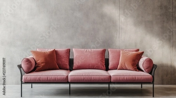 Obraz A Stylish Pink Velvet Sofa With Orange Pillows Sits Against A Textured Grey Wall, Bathed In Soft Sunlight. The Scene Is Serene And Sophisticated, Ideal For A Modern Living Room.
