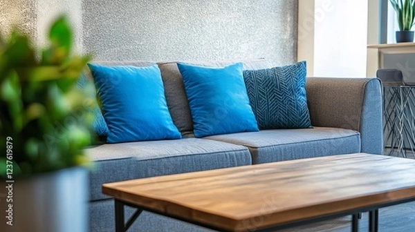 Obraz A Cozy Living Room With A Gray Sofa, Blue Pillows, And A Wooden Coffee Table.  The Room Has A Relaxed And Modern Vibe.