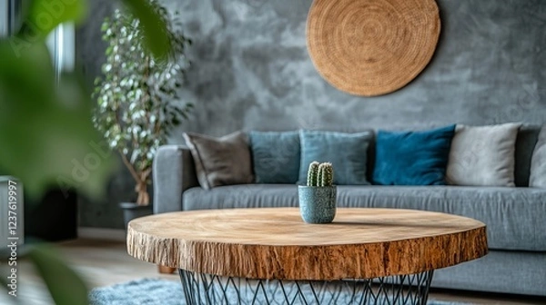 Obraz Cozy Living Room With A Wooden Coffee Table, Gray Couch, And Plants. The Room Has A Relaxed And Comfortable Vibe.