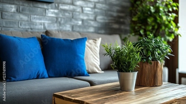 Obraz Cozy Living Room With Gray Sofa, Blue Pillows, And Rustic Wooden Coffee Table, Featuring Potted Plants.  Creates A Relaxed, Homey Atmosphere.
