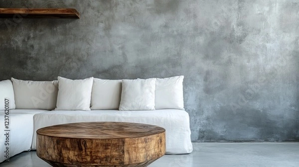 Obraz A Minimalist Living Room With A White Couch, Wooden Coffee Table, And Textured Wall. The Scene Evokes A Calm And Serene Atmosphere.