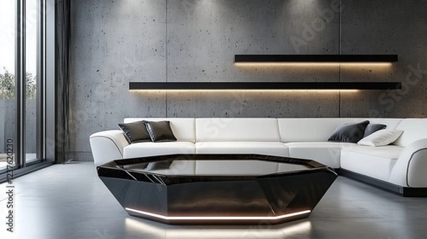Obraz A Modern, Minimalist Living Room With A Sleek Black Coffee Table And White Sectional Sofa.  The Concrete Wall Adds A Raw, Industrial Touch, While The LED Lighting Creates A Sophisticated Ambiance.