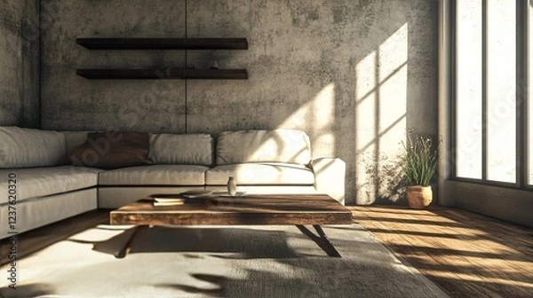 Obraz Sunlit Minimalist Living Room With A Comfy Off-White Sectional Sofa, Wooden Coffee Table, And Rustic Concrete Wall.  Relaxing And Peaceful Atmosphere.
