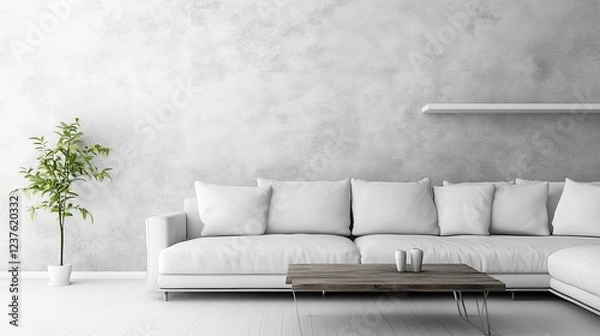 Obraz A Minimalist Living Room With A White Sofa, Wooden Coffee Table, And A Small Plant. The Room Has A Textured White Wall And A Floating Shelf. The Overall Vibe Is Calm And Serene.