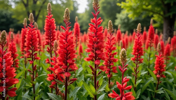 Obraz Vibrant red flowers blooming in a lush green garden