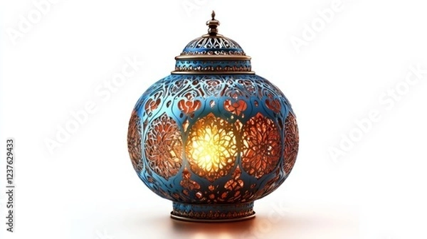 Fototapeta A traditional Ramadan lantern (Fanous), glowing softly, isolated on a white background, with intricate patterns.