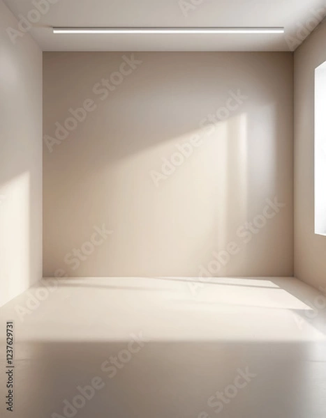 Fototapeta A clean, modern 3D-rendered studio with a smooth gradient backdrop transitioning from light gray to soft beige. A subtle spotlight effect highlights the center